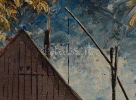 Andrásy Róbert (-): Tanya gémeskúttal. Olaj, vászon, vakráma nélkül. 33x42,5 cm