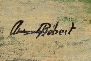 Andrásy Róbert (-): Tanya gémeskúttal. Olaj, vászon, vakráma nélkül. 33x42,5 cm