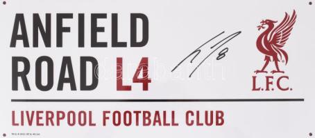 Szoboszlai Dominik labdarúgó autográf aláírásával ellátott Liverpool FC fém tábla, bekeretezve, cert...