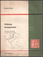 Benjamin Britten: Folksong arrangements. Benjamin Britten (1913-1976) angol zeneszerző, karmester, zongorista és Sir Peter Pears (1910-1986) angol tengor operaénekes által ALÁÍRT példány! Vol. 6 Enland. For high voice and guitar. Guitar part edited by Julian Bream. London,én.,Boosey &amp; Hawkes, 4+16 p. Angol nyelven. Kiadói papírkötés, foltos borítóval. /  Benjamin Britten: Folksong arrangements. With autograph signatures of Benjamin Britten (1913-1976) and Sir Peter Pears (1910-1986.) Benjamin Britten was an English composer, conductor, and pianist. Sir Peter Pears was an English tenor.  Vol. 6 Enland. For high voice and guitar. Guitar part edited by Julian Bream. London,Boosey &amp; Hawkes, 4+16 p. In English language. Paperbinding, with spotty cover.