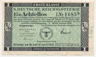 Német Harmadik Birodalom 1943. "12. Deutsche Reichslotterie (12. Német Birodalmi Sorsjáték)" 1. osztály 1/8 sorsjegye, vízjeles papíron, sorszámozással T:F German Third Reich 1943. "12. Deutsche Reichslotterie (12. German Reich Lottery)" 1st class 1/8 lottery ticket on watermarked paper, with serial number C:F