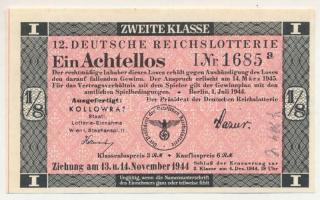 Német Harmadik Birodalom 1944. "12. Deutsche Reichslotterie (12. Német Birodalmi Sorsjáték)" 2. osztály 1/8 sorsjegye, vízjeles papíron, sorszámozással T:AU German Third Reich 1944. "12. Deutsche Reichslotterie (12. German Reich Lottery)" 2nd class 1/8 lottery ticket on watermarked paper, with serial number C:AU