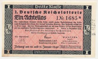 Német Harmadik Birodalom 1940. "2. Deutsche Reichslotterie (2. Német Birodalmi Sorsjáték)" 3. osztály 1/8 sorsjegye, vízjeles papíron, sorszámozással T:XF hajtatlan, folt German Third Reich 1940. "2. Deutsche Reichslotterie (2. German Reich Lottery)" 3rd class 1/8 lottery ticket on watermarked paper, with serial number C:XF unfolded, spotted