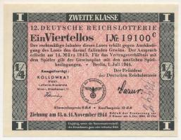 Német Harmadik Birodalom 1944. "12. Deutsche Reichslotterie (12. Német Birodalmi Sorsjáték)" 2. osztály 1/4 sorsjegye, vízjeles papíron, sorszámozással T:AU German Third Reich 1944. "12. Deutsche Reichslotterie (12. German Reich Lottery)" 2nd class 1/4 lottery ticket on watermarked paper, with serial number C:AU