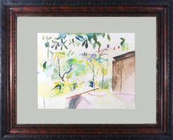 Bornemisza Géza (1884-1966): A festőművész váci házának udvara, 1966. Akvarell, papír. Jelezve jobbra lent. Proveniencia: A festőművész hagyatéka. Üvegezett fakeretben. 35x45 cm. A festőművész legutolsó alkotása!