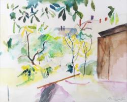 Bornemisza Géza (1884-1966): A festőművész váci házának udvara, 1966. Akvarell, papír. Jelezve jobbr...