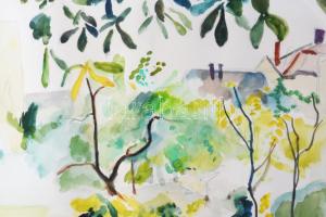 Bornemisza Géza (1884-1966): A festőművész váci házának udvara, 1966. Akvarell, papír. Jelezve jobbr...