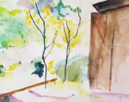 Bornemisza Géza (1884-1966): A festőművész váci házának udvara, 1966. Akvarell, papír. Jelezve jobbr...