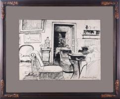 Bornemisza Géza (1884-1966): Enteriőr képekkel, 1937. Tus, papír. Jelezve jobbra lent. Proveniencia: A festőművész hagyatéka. Üvegezett, dekoratív fakeretben. 34,5x46 cm.