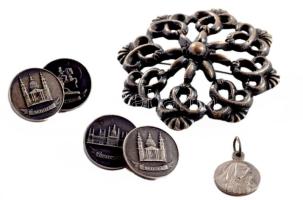 Ezüstözött bross, kegytárgy függő, országház díszítéses mandzsetta pár