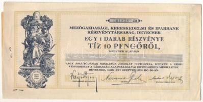 1926. Devecser "Mezőgazdasági Kereskedelmi és Iparbank" részvénye 10P-ről, szelvényekkel, hozzátűzve 1943-as datálású végrehajtói lefoglalásról szóló dokumentumokkal T:F szakadás