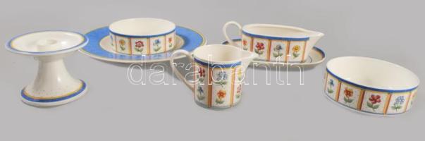 Villeroy &amp; Boch "Julie" összeállítás: kiöntő, szószkiöntő alátéttel, gyertyatartó, 2 darab mogyorós tál, mélytányér. Jelzett, hibátlan, d: 24 cm alatt