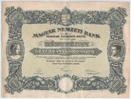 1924. Budapest "Magyar Nemzeti Bank" részvény 100K-ról "025.228" szárazpecséttel, vízjeles papíron T:XF Hungary 1924. "Magyar Nemzeti Bank (Hungarian National Bank)" Hungarian National Bank share about 100 Korona "0025.228" with embossed stamp on watermarked paper C:XF