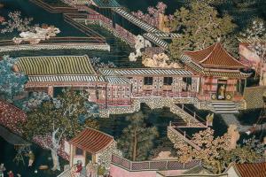 cca 1950 Kínai abrosz / faliszőnyeg, nyomtatott mintával, cca 170x140 cm