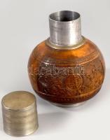 cca 1900 Kínai italos flaska, faragott kókusz, ón szerelékkel, m: 13 cm