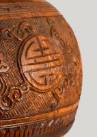 cca 1900 Kínai italos flaska, faragott kókusz, ón szerelékkel, m: 13 cm