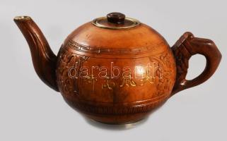 cca 20. sz. eleje, faragott kókusz teás kanna, ón szerelékkel, 19x9 cm