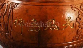 cca 20. sz. eleje, faragott kókusz teás kanna, ón szerelékkel, 19x9 cm