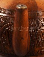 cca 20. sz. eleje, faragott kókusz teás kanna, ón szerelékkel, 19x9 cm