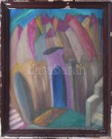 MB jelzéssel: Színes város. Olaj, vászon. Sérült fakeretben. 50x40 cm