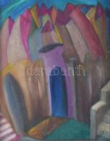 MB jelzéssel: Színes város. Olaj, vászon. Sérült fakeretben. 50x40 cm