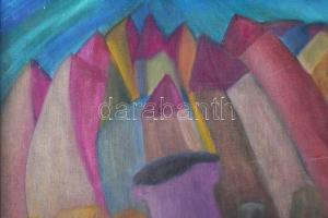 MB jelzéssel: Színes város. Olaj, vászon. Sérült fakeretben. 50x40 cm