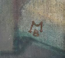 MB jelzéssel: Színes város. Olaj, vászon. Sérült fakeretben. 50x40 cm