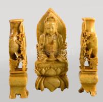Faragott zsírkő Buddha szobor és váza pár, m: 17 cm alatt