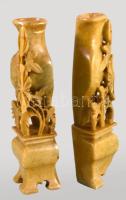Faragott zsírkő Buddha szobor és váza pár, m: 17 cm alatt