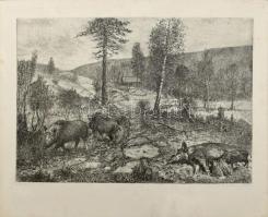 Csisztu Mihály (1933-2008): Vaddisznó idill. Rézkarc, papír, jelzett, kartonra kasírozva, lapszéli elszíneződéssel, 29×42 cm