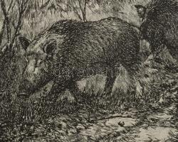 Csisztu Mihály (1933-2008): Vaddisznó idill. Rézkarc, papír, jelzett, kartonra kasírozva, lapszéli e...
