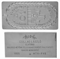 1955. "Csillag László Elvtárs dolgozó népünk felszabaditásáért folytatott harcos munkádért MTH-PVB - 10" egyoldalas, gravírozott fém plakett (~40x80mm) + DN "Csepel Vas- és Fémművek 40 éves törzsgárda tagjának" egyoldalas fém plakett (~42x84mm) T:VF