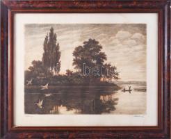 Paulovits Pál (1892-1975): Alkonyat (vadászat). Színezett rézkarc, papír, jelzett. Lap széle kissé foltos. Üvegezett fakeretben. 27×37 cm