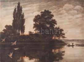 Paulovits Pál (1892-1975): Alkonyat (vadászat). Színezett rézkarc, papír, jelzett. Lap széle kissé f...