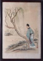 Olvashatatlan jelzéssel, kínai alkotó, XX. sz. közepe: Ember a vízparton. Akvarell, selyem. Néhány kevés apró folttal. Üvegezett fakeretben. 40×29,5 cm
