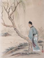 Olvashatatlan jelzéssel, kínai alkotó, XX. sz. közepe: Ember a vízparton. Akvarell, selyem. Néhány k...