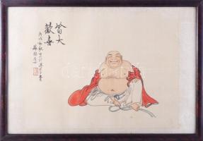 Olvashatatlan jelzéssel, kínai alkotó, XX. sz. közepe: Nevető alak. Akvarell, selyem. Üvegezett fakeretben. 30×40 cm