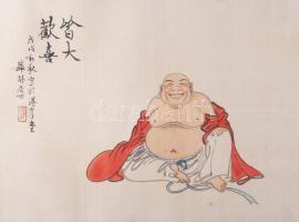 Olvashatatlan jelzéssel, kínai alkotó, XX. sz. közepe: Nevető alak. Akvarell, selyem. Üvegezett fake...