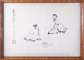 Olvashatatlan jelzéssel, kínai alkotó, XX. sz. közepe: Beszélgetés. Akvarell, selyem. Néhány apró folttal. Üvegezett fakeretben. 30×40 cm