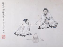 Olvashatatlan jelzéssel, kínai alkotó, XX. sz. közepe: Beszélgetés. Akvarell, selyem. Néhány apró fo...