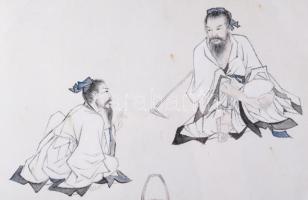 Olvashatatlan jelzéssel, kínai alkotó, XX. sz. közepe: Beszélgetés. Akvarell, selyem. Néhány apró fo...