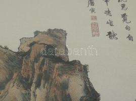 Olvashatatlan jelzéssel, kínai alkotó, XX. sz. közepe: Alakok a tájban. Színezett selyemkép. Üvegeze...