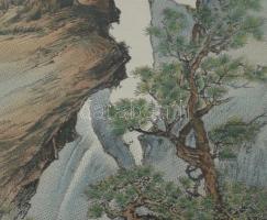 Olvashatatlan jelzéssel, kínai alkotó, XX. sz. közepe: Alakok a tájban. Színezett selyemkép. Üvegeze...