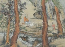 Olvashatatlan jelzéssel, kínai alkotó, XX. sz. közepe: Alakok a tájban. Színezett selyemkép. Üvegeze...