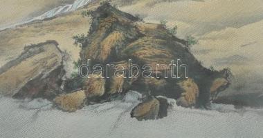 Olvashatatlan jelzéssel, kínai alkotó, XX. sz. közepe: Alakok a tájban. Színezett selyemkép. Üvegeze...