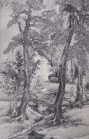 Olvashatatlan jelzéssel, kínai alkotó, XX. sz. közepe: Alakok a tájban. Selyemkép. Foltos. Üvegezett...