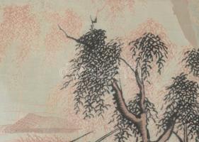 Olvashatatlan jelzéssel, kínai alkotó, XX. sz. közepe: Alak sziklás tájban. Selyemkép. Foltos. Üvege...