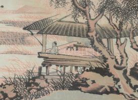 Olvashatatlan jelzéssel, kínai alkotó, XX. sz. közepe: Alak sziklás tájban. Selyemkép. Foltos. Üvege...