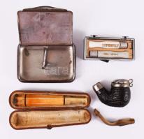 Vegyes dohányos tétel: Konstruktivista mintával díszített cigarettás doboz, szipka készlet, leírással, tartalék gumikkal, tajték szipka, gyökérpipa