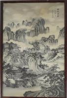 Olvashatatlan jelzéssel, kínai alkotó, XX. sz. közepe: Hattyúk. Selyemkép. Foltos. Üvegezett fakeretben. 91×41 cm